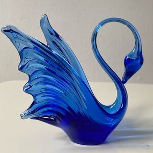 Vintage Cobalt Blue Hand Blown Art Glass Murano Style Swan Sculpture